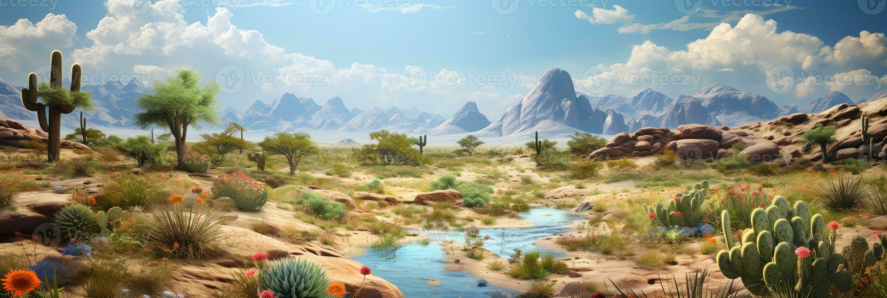 Desert oasis with springtime. AI Generative photo