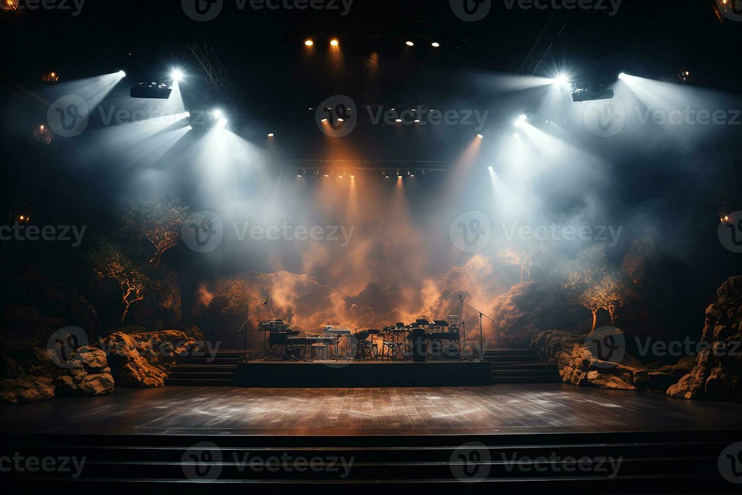 Theater stage or concert stage with thin smoke illuminated with spotlights. Generative AI photo