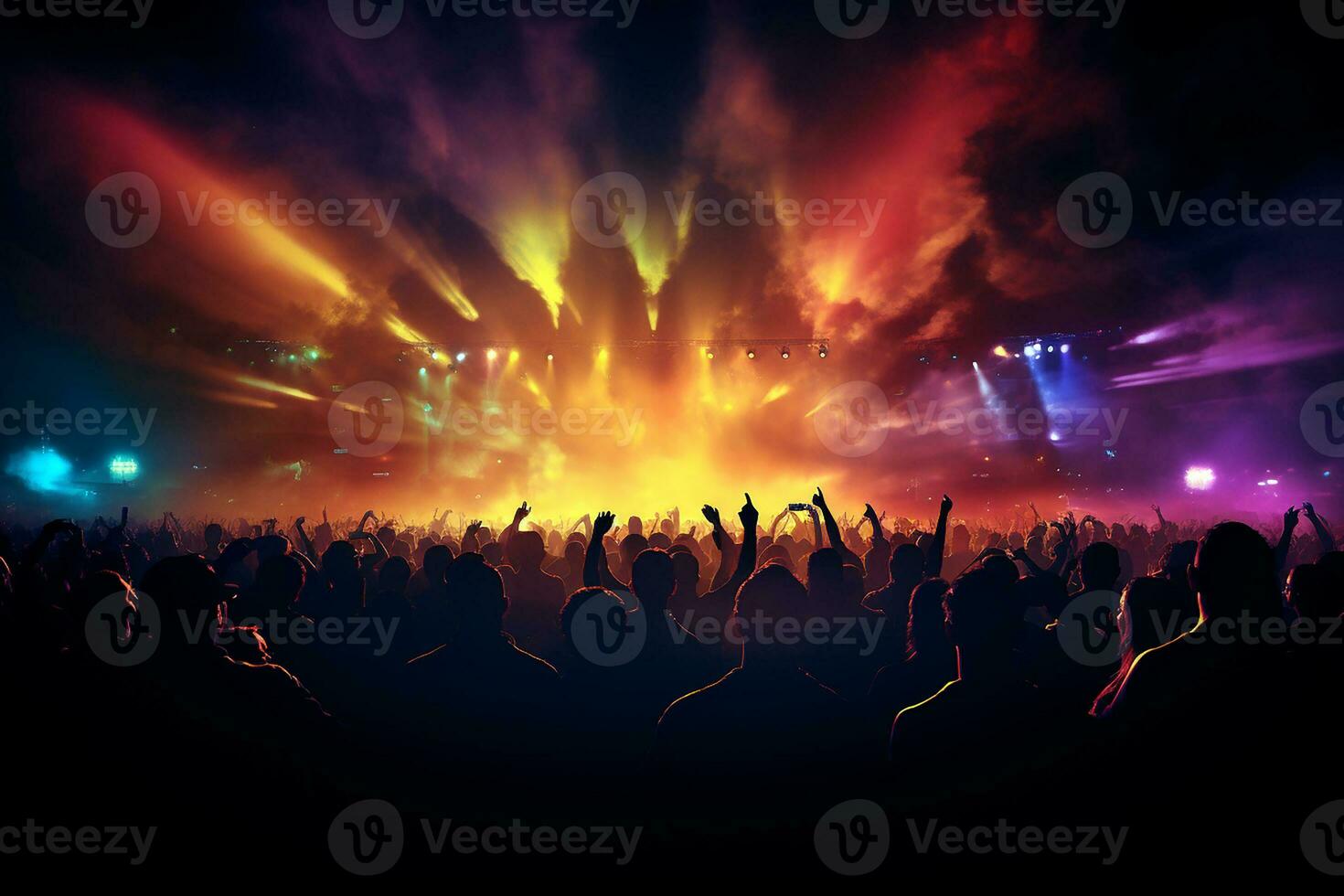 silhouette of many people raising their hands in front of a concert stage. Illuminated with colorful spotlights. Generative AI photo