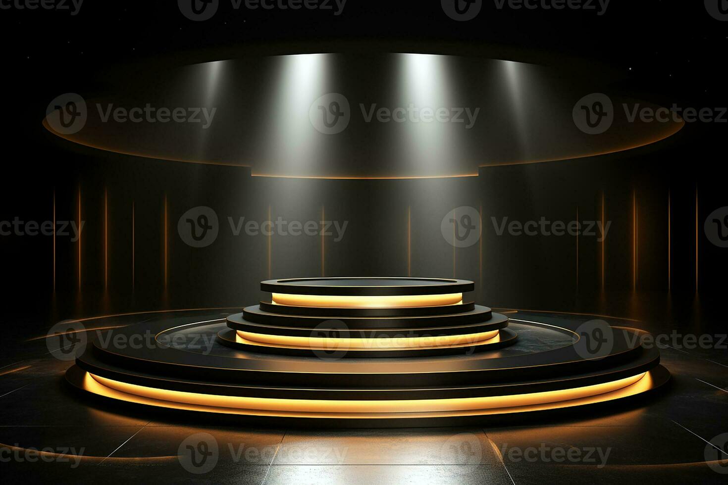 Glowing black and gold podium presentation. Illuminated by gold spotlights and strip neon lights. For product presentation. Generative AI photo