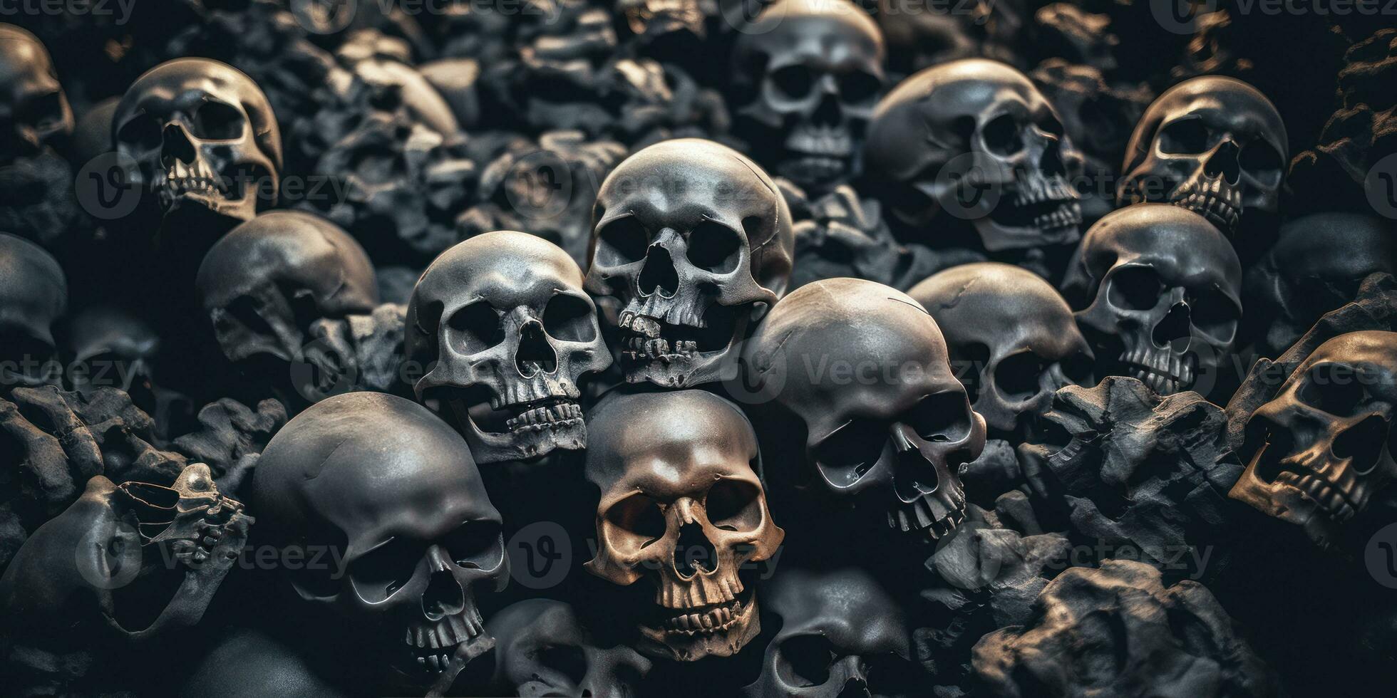Eerie close-up of spook mountain skulls. AI Generative photo