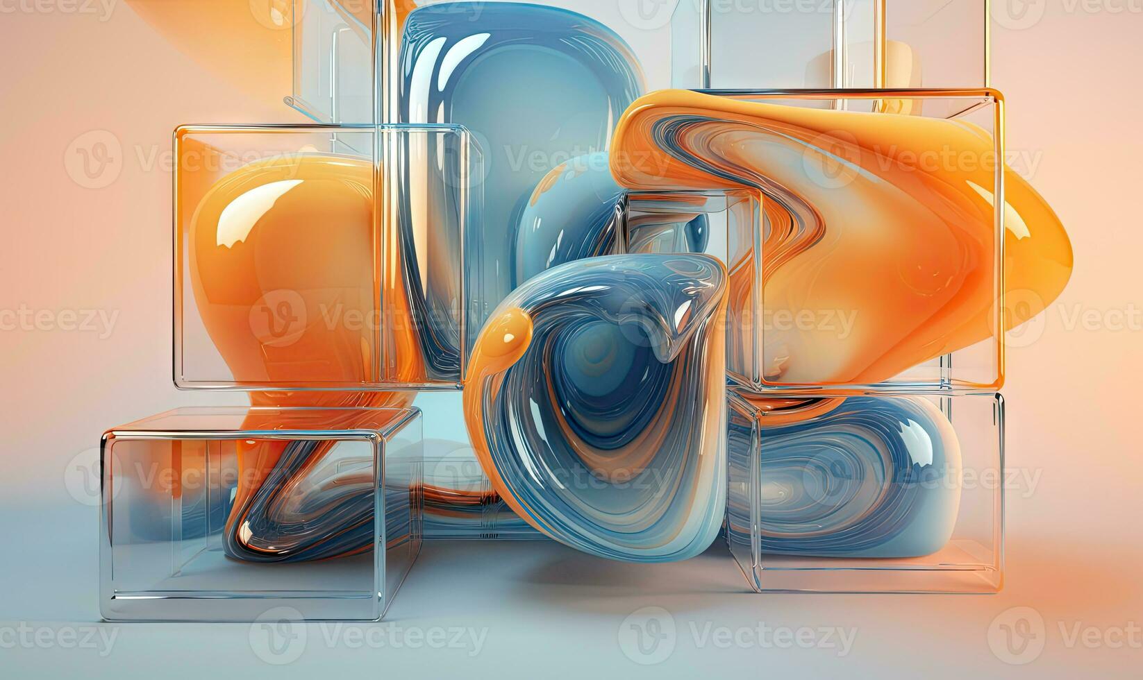 Dynamic interplay of 3D liquid forms in vibrant hues. Abstract composition. AI Generative photo