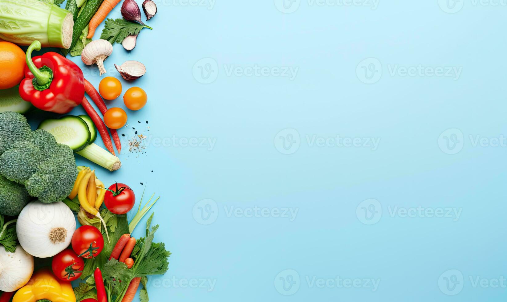 Top view vegetables on blue background. AI Generative photo