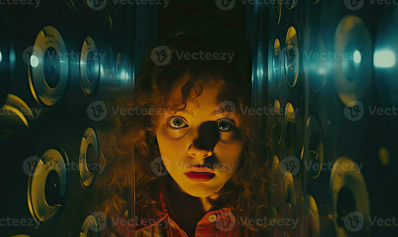 niña con vibrante rojo pelo soportes en un oscuro habitación. ai generativo foto