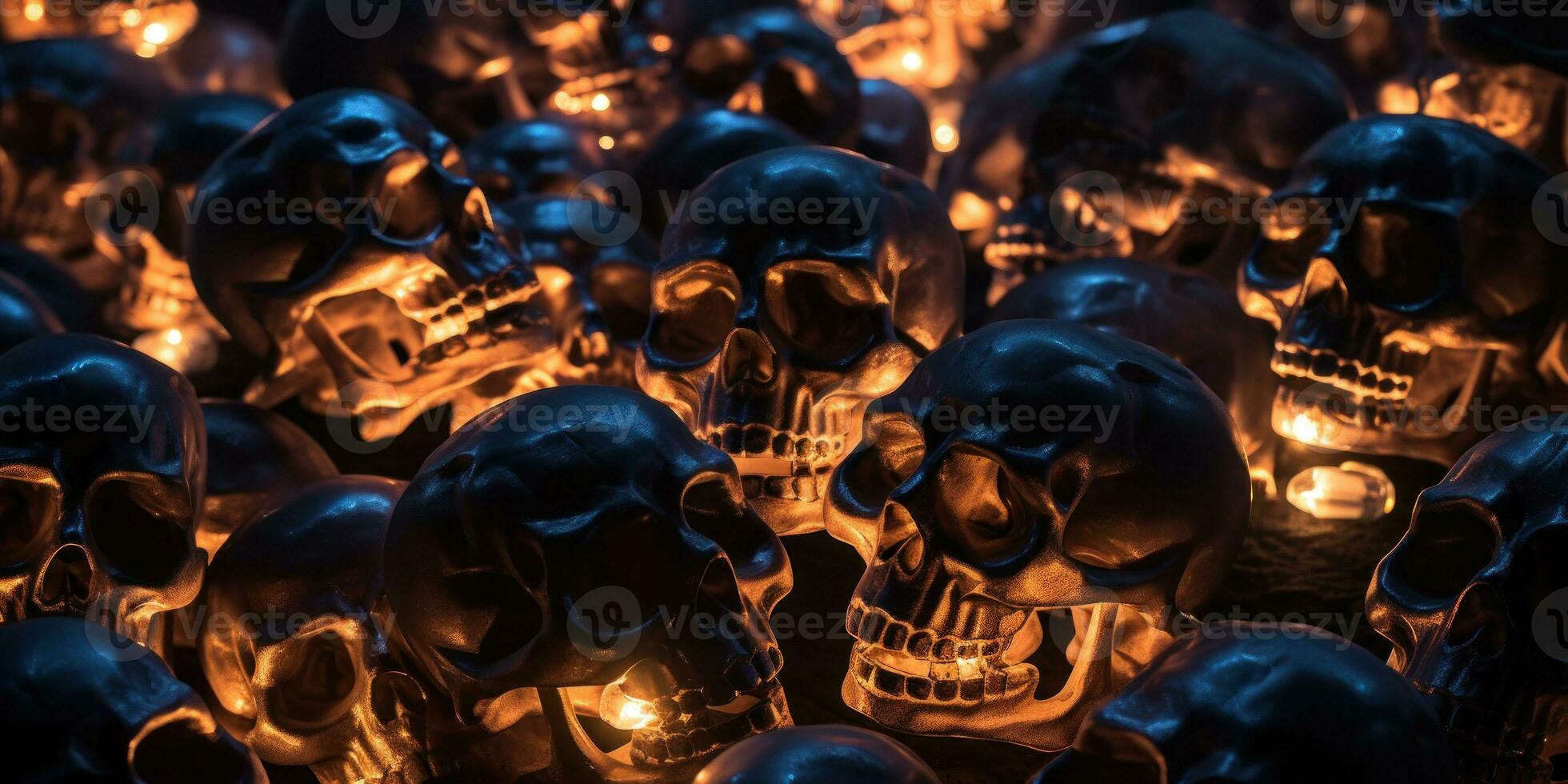 Creepy collection of illuminated skulls for Halloween. AI Generative photo