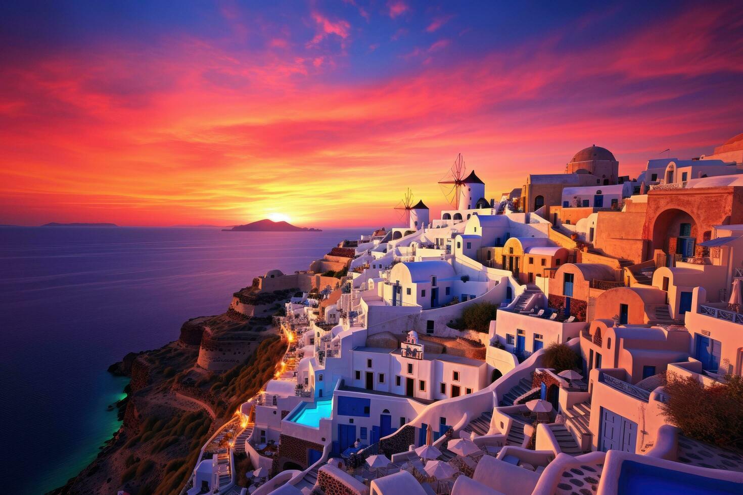 puesta de sol terminado oia pueblo en santorini isla, Grecia, oia atardecer, santorini isla, Grecia, ai generado foto