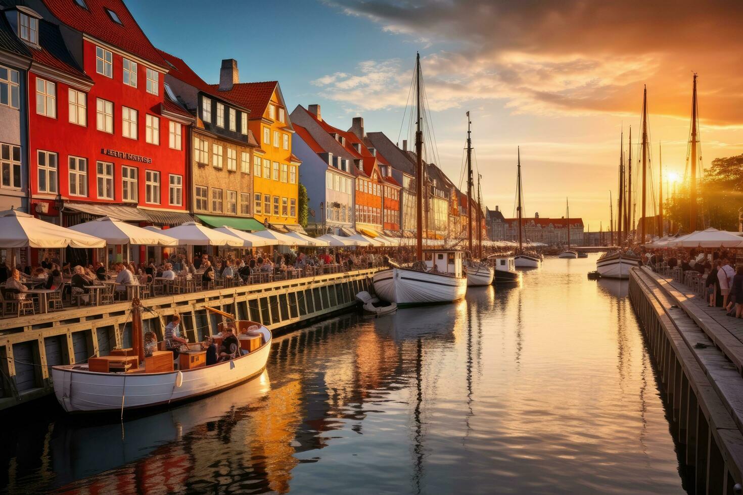 Copenhagen. Nyhavn is one of the most popular tourist destinations in Denmark, Nyhavn at golden hour, Copenhagen, Denmark, AI Generated photo