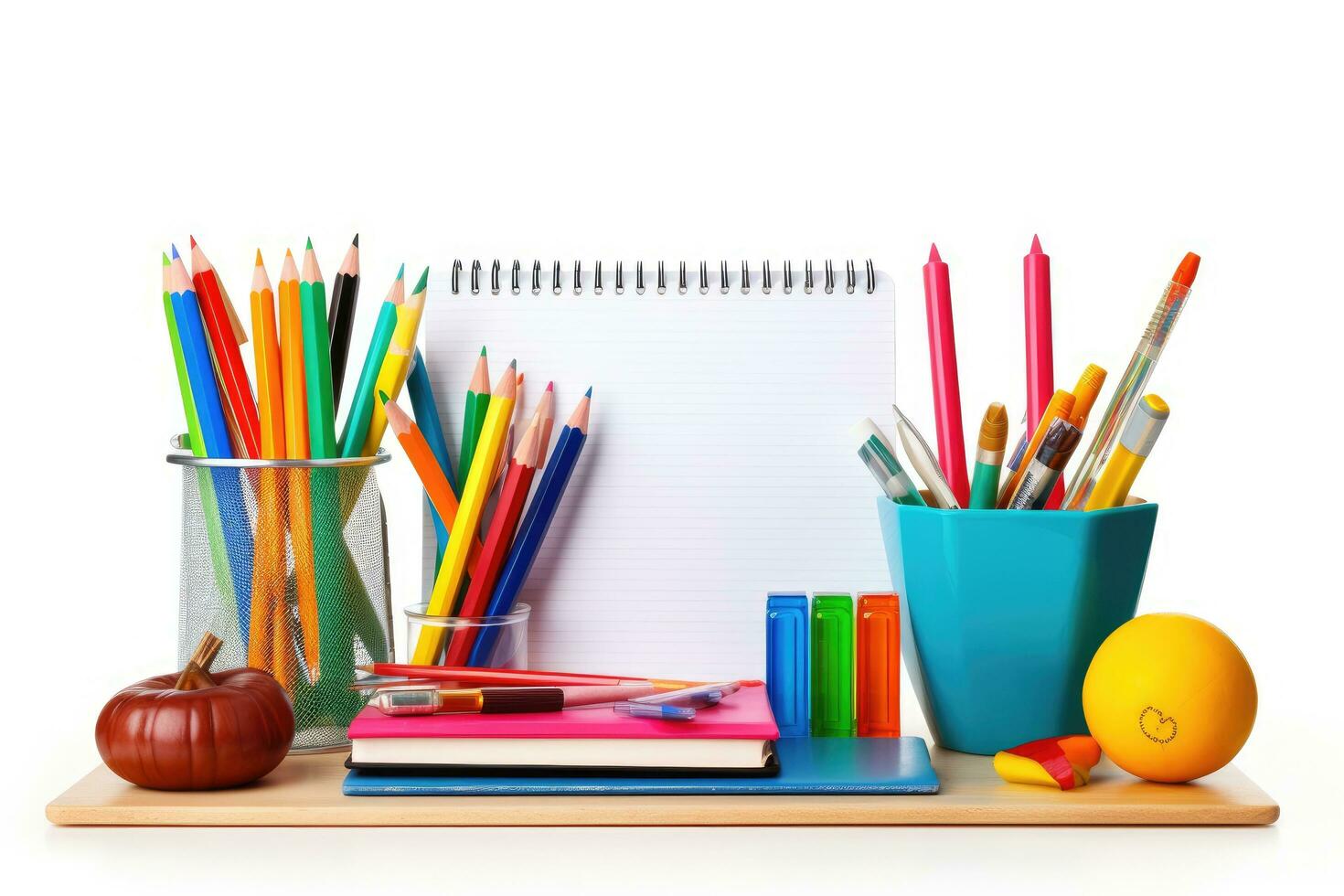 School supplies on a white background. Back to school. Copy space, Office school supplies on white background, AI Generated photo