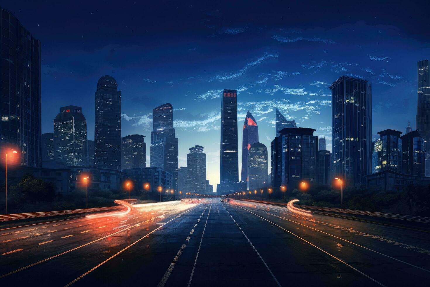 Night scene of modern city with road and light trails. 3d rendering, Night cityscape with bilding and road in Beijing city, AI Generated photo