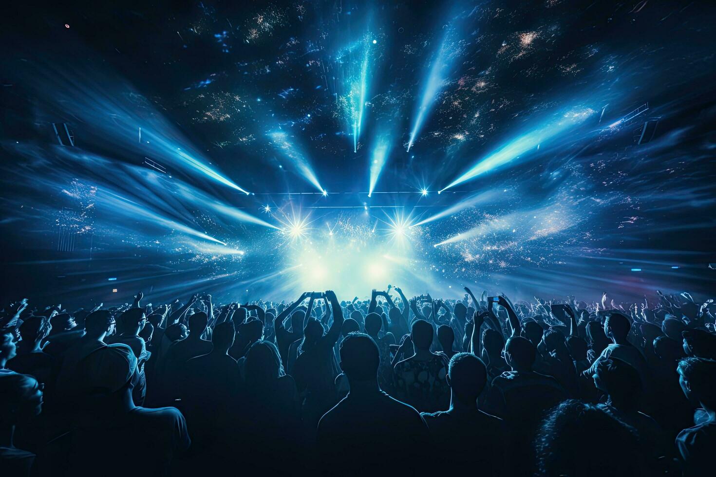 crowd at concert with bright stage lights and silhouette of people dancing, night club under blue rays beam and young people holding light enjoying at concert concept, AI Genera photo