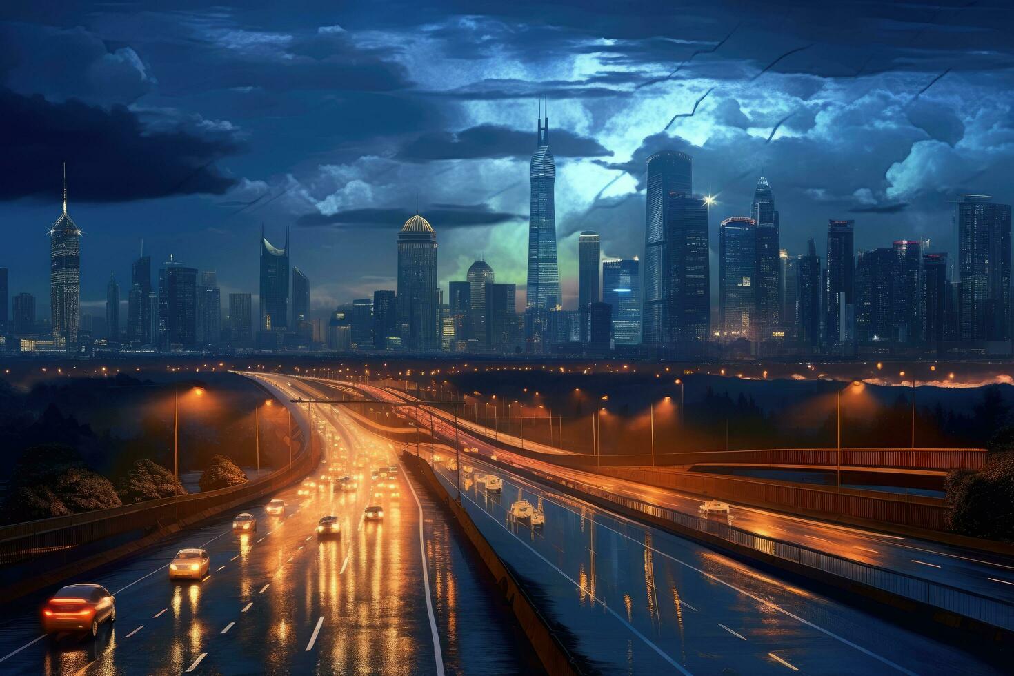 Night traffic on the highway in shanghai china. 3d rendering, Night cityscape with bilding and road in Beijing city, AI Generated photo