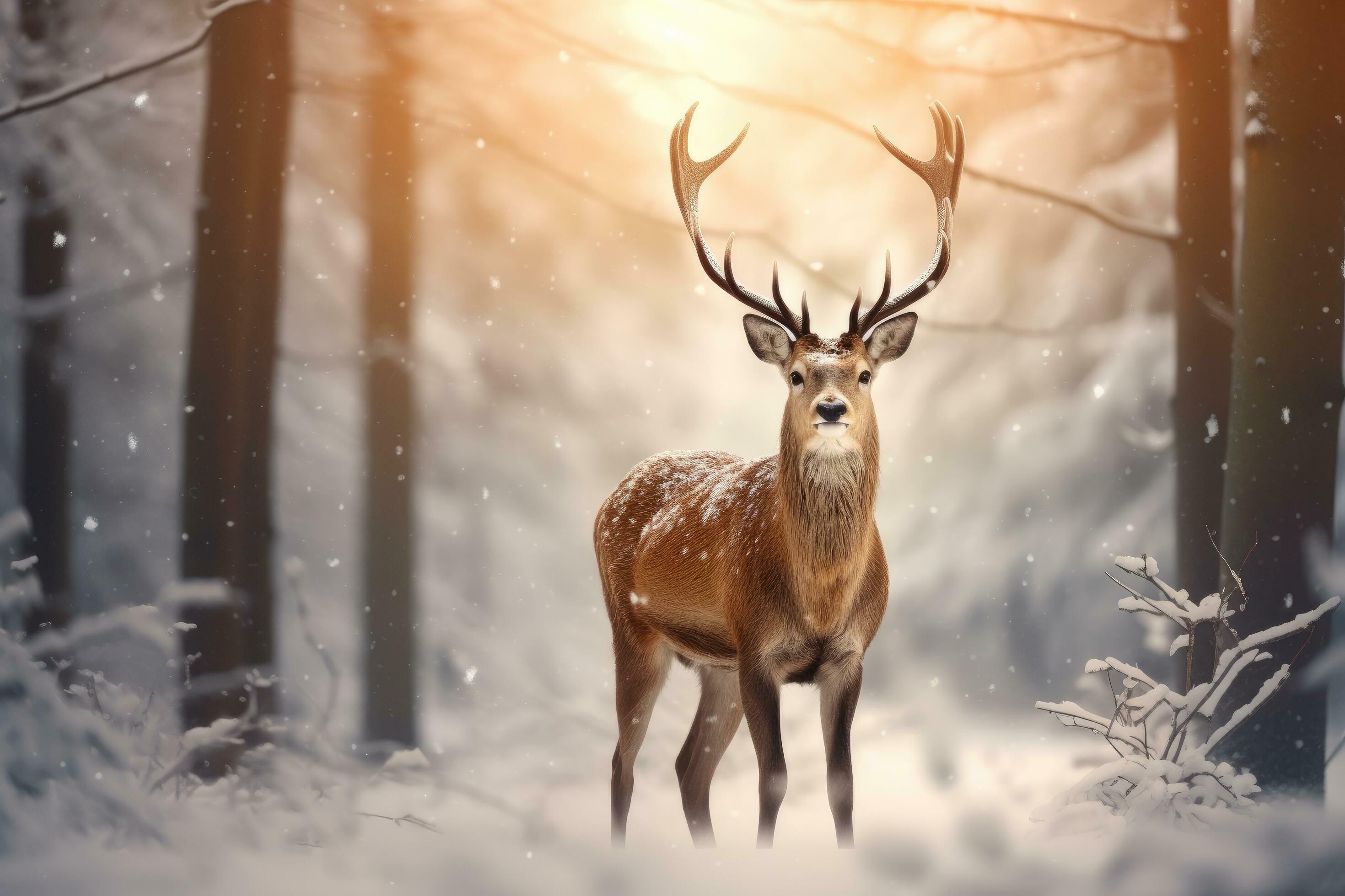 Fallow deer in winter forest. Beautiful animal in snowy forest