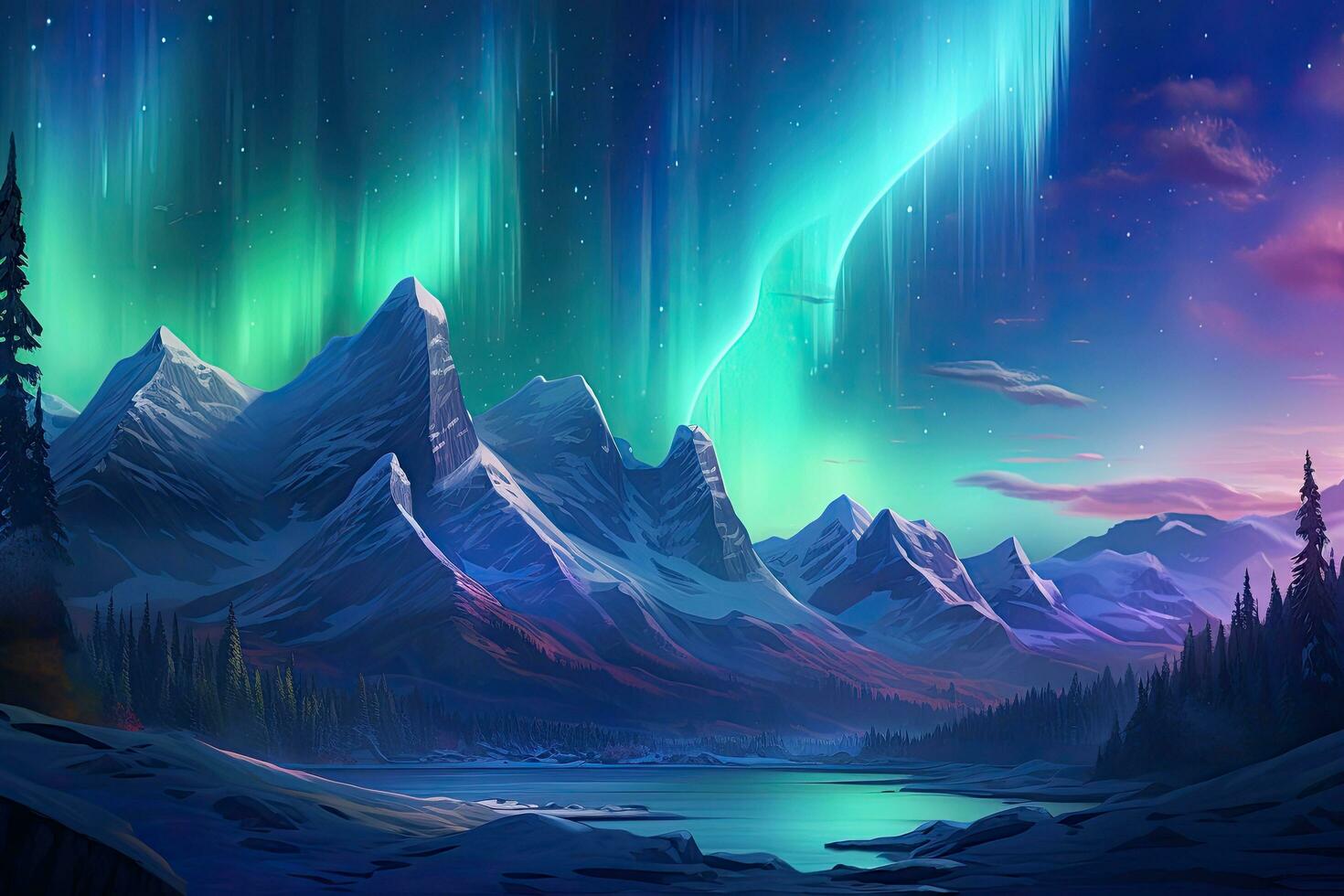 Fantasy landscape with aurora borealis and mountains. Digital illustration, Northern Lights Above Mountains, AI Generated photo
