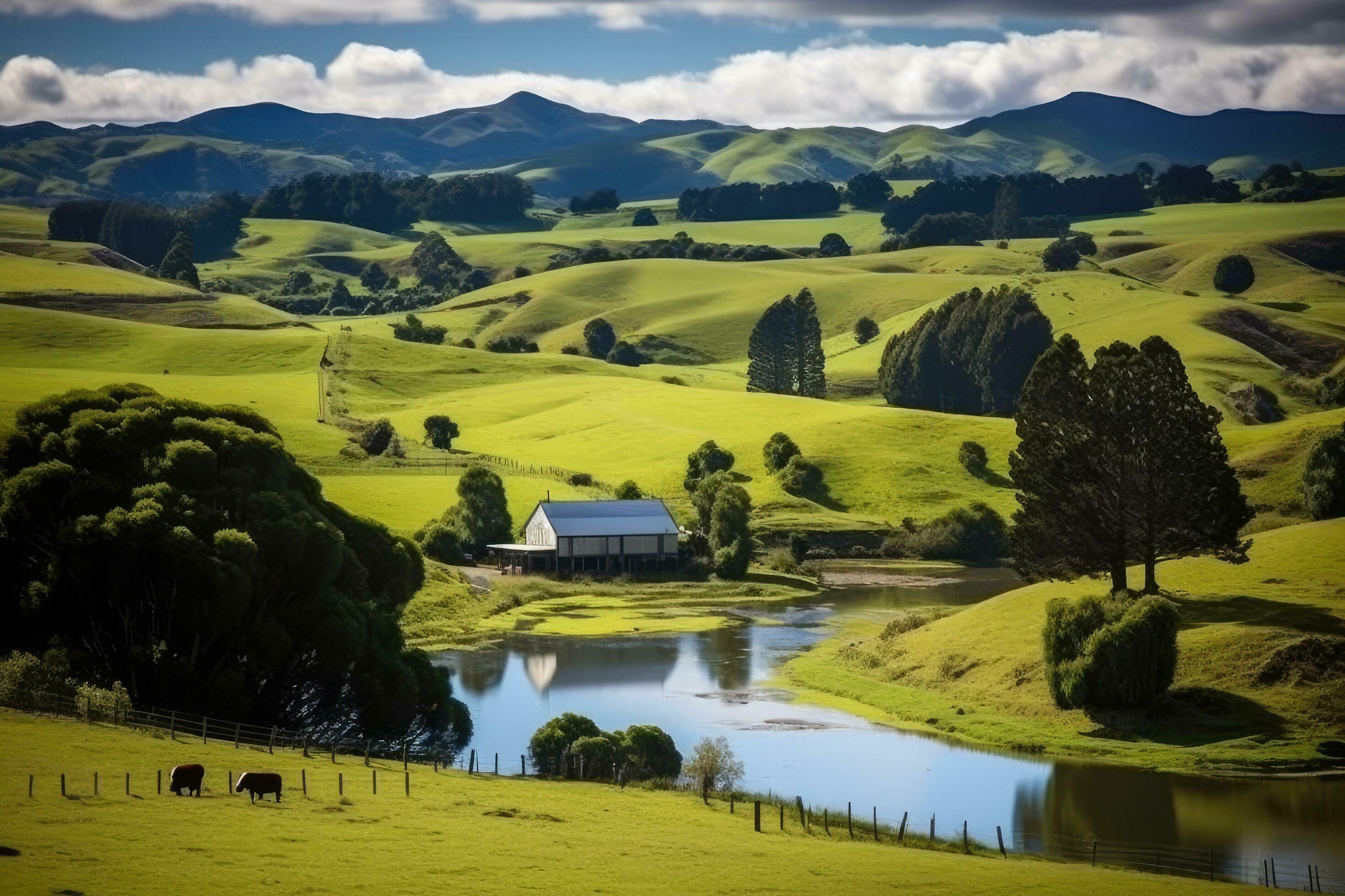 Beautiful rural landscape with lake and farm house in South Island, New Zealand, New Zealand