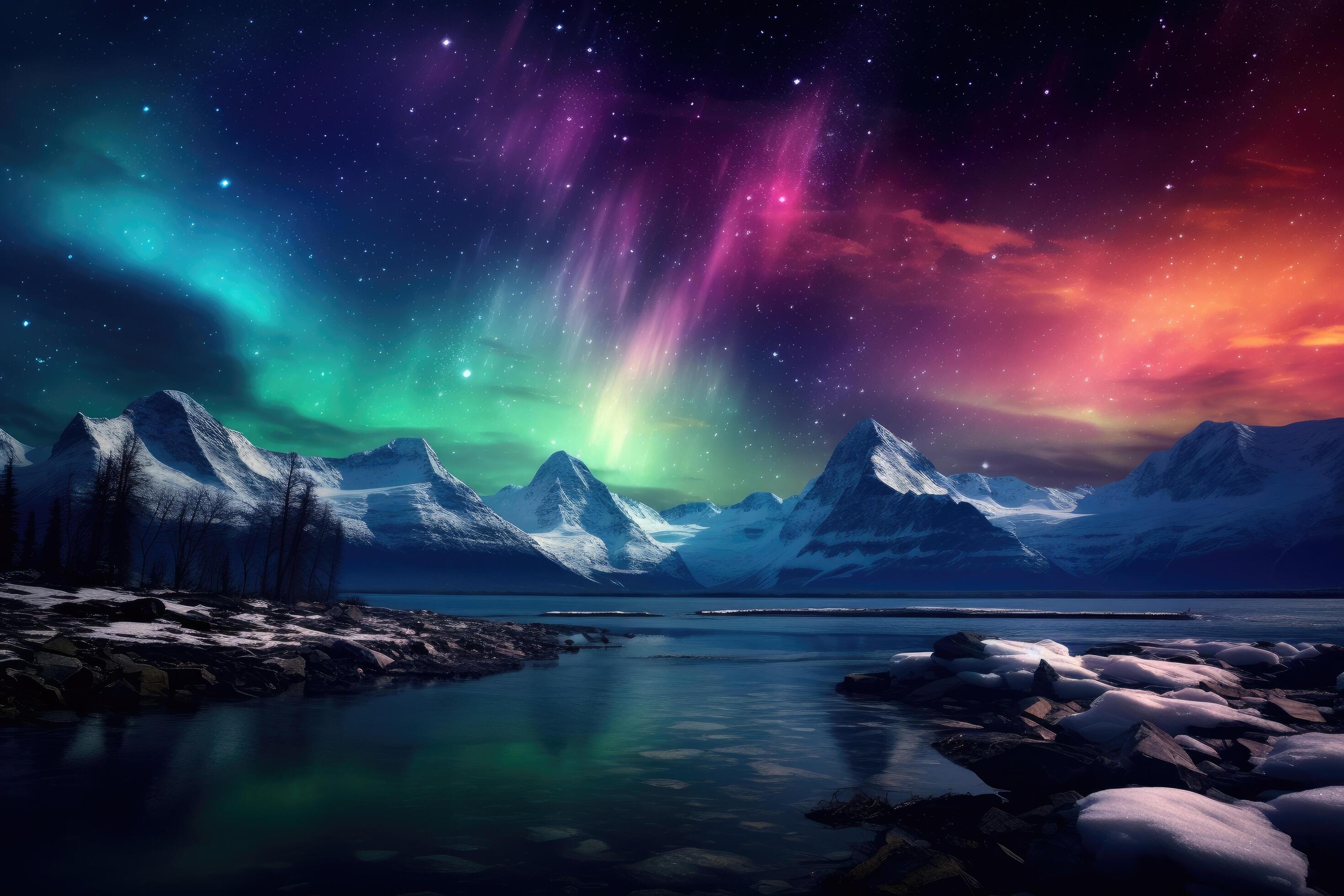 Northern lights over snowy mountains and lake, 3d digitally rendered illustrationm, Northern