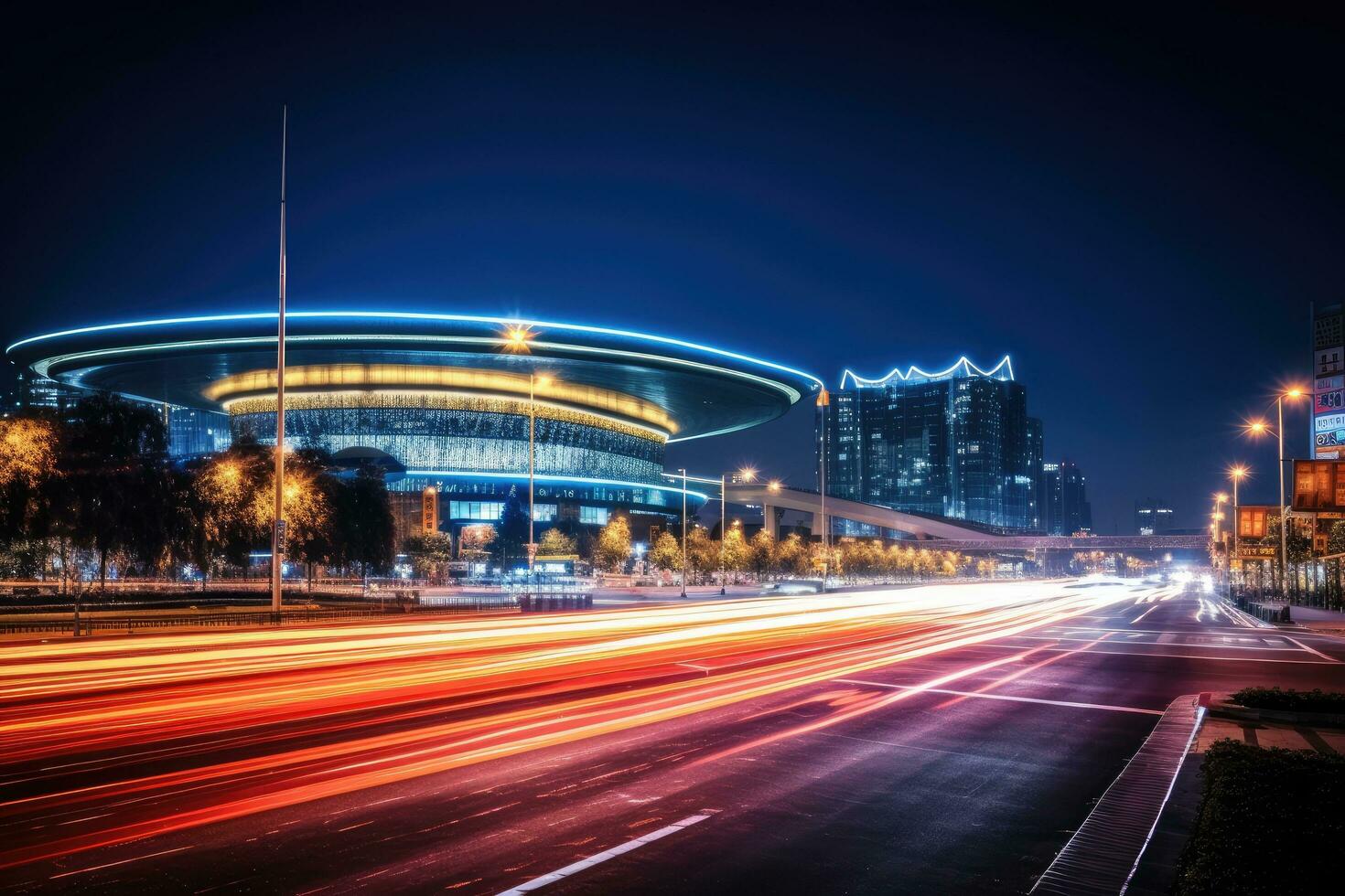 the light trails on the modern building background in shanghai china, Night cityscape with buildings and roads in Beijing city, long exposure photo, AI Generated photo