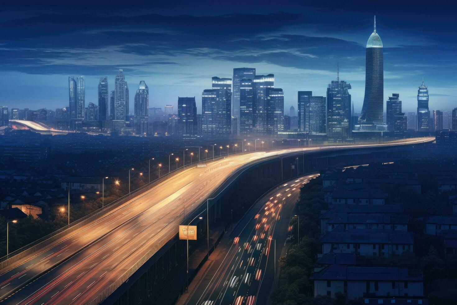 night scene of the shanghai skyline with car light trails on the road, Night cityscape with bilding and road in Beijing city, AI Generated photo