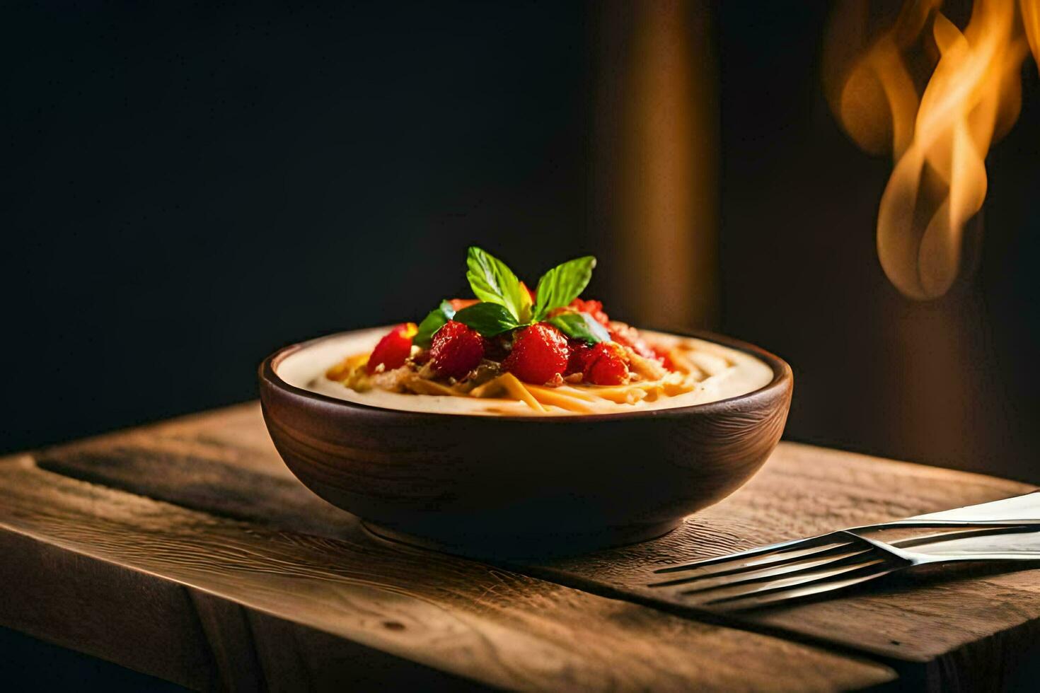 pasta with tomato sauce in a wooden bowl. AI-Generated photo