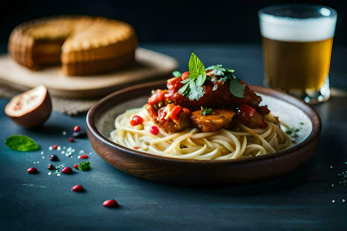 spaghetti with meat and tomato sauce in a bowl. AI-Generated photo