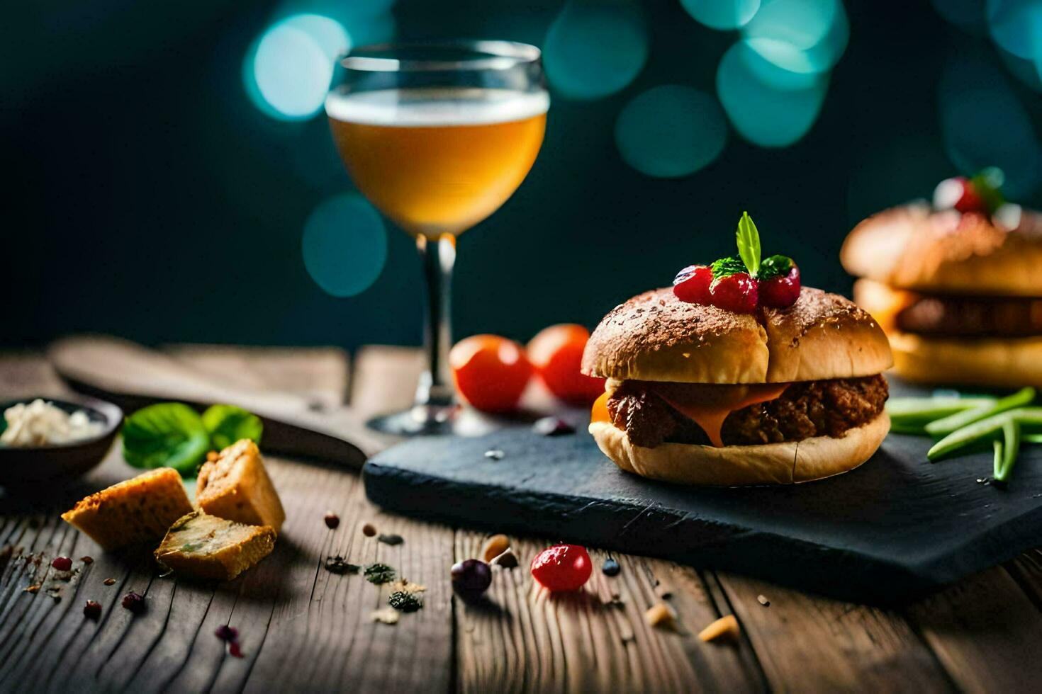 a burger and a glass of wine on a wooden table. AI-Generated photo