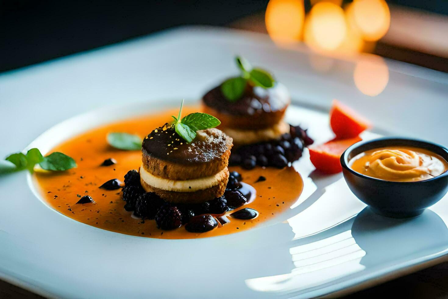 un plato con comida en eso y un vela en el antecedentes. generado por ai foto