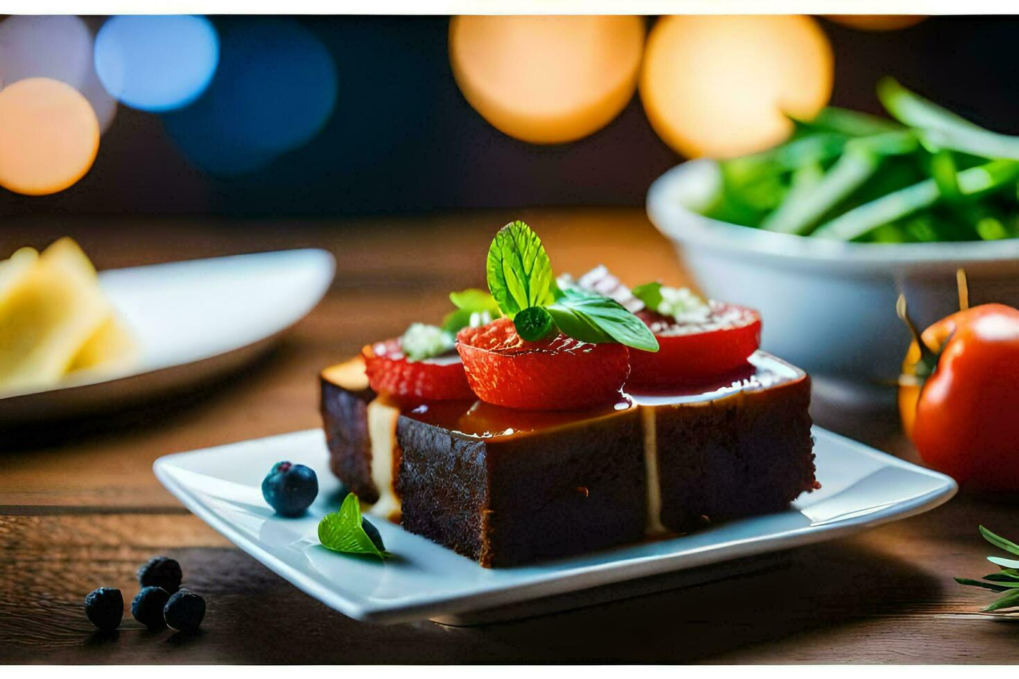 a square piece of chocolate cake with tomatoes and herbs. AI-Generated photo