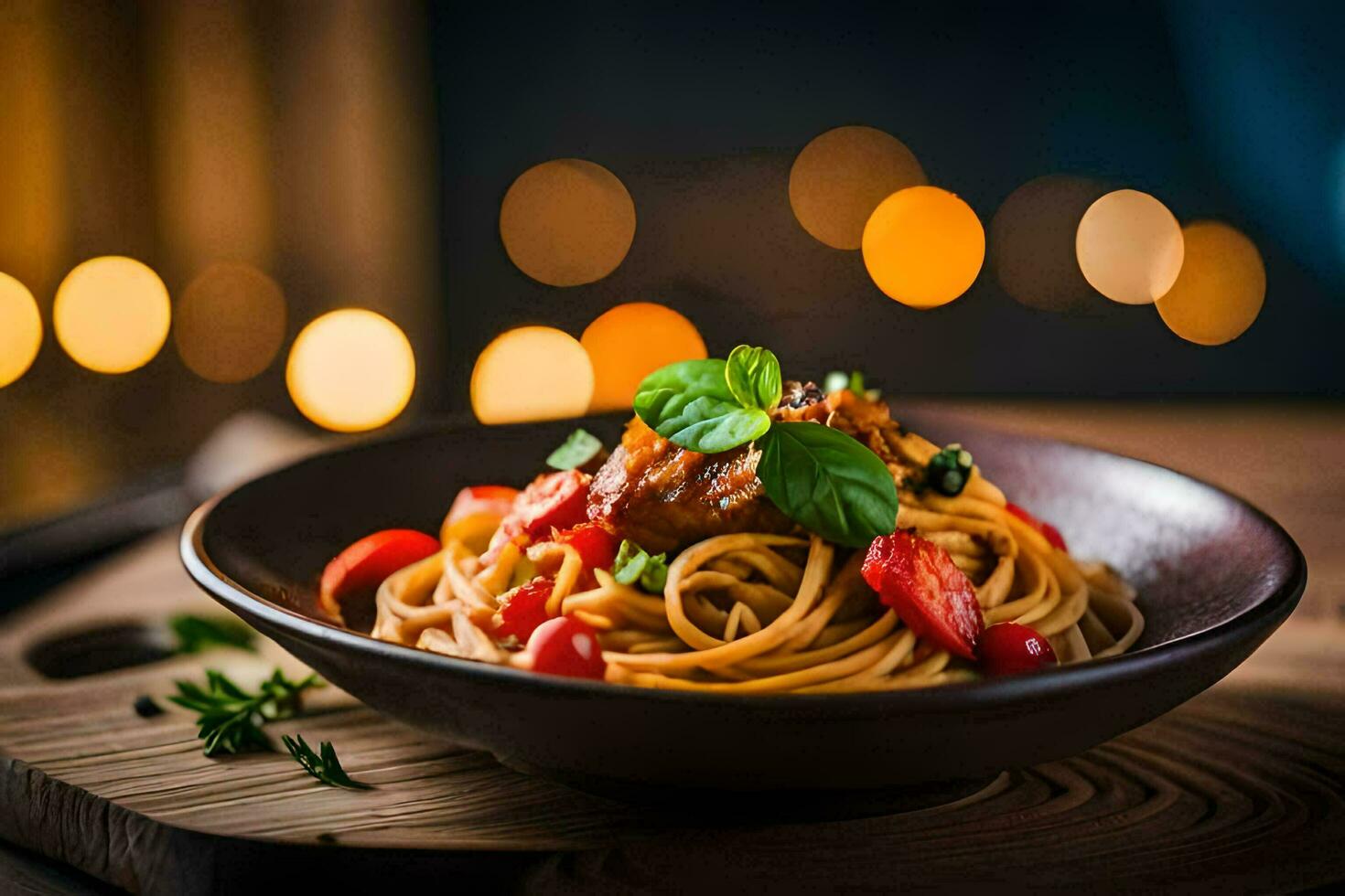 spaghetti with meat and tomatoes in a bowl. AI-Generated photo