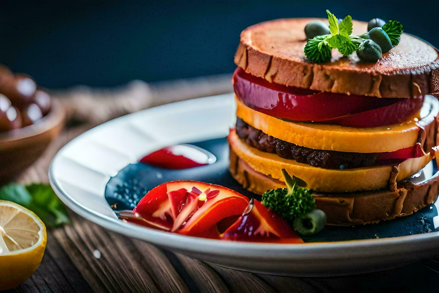 a stack of food on a plate. AI-Generated photo