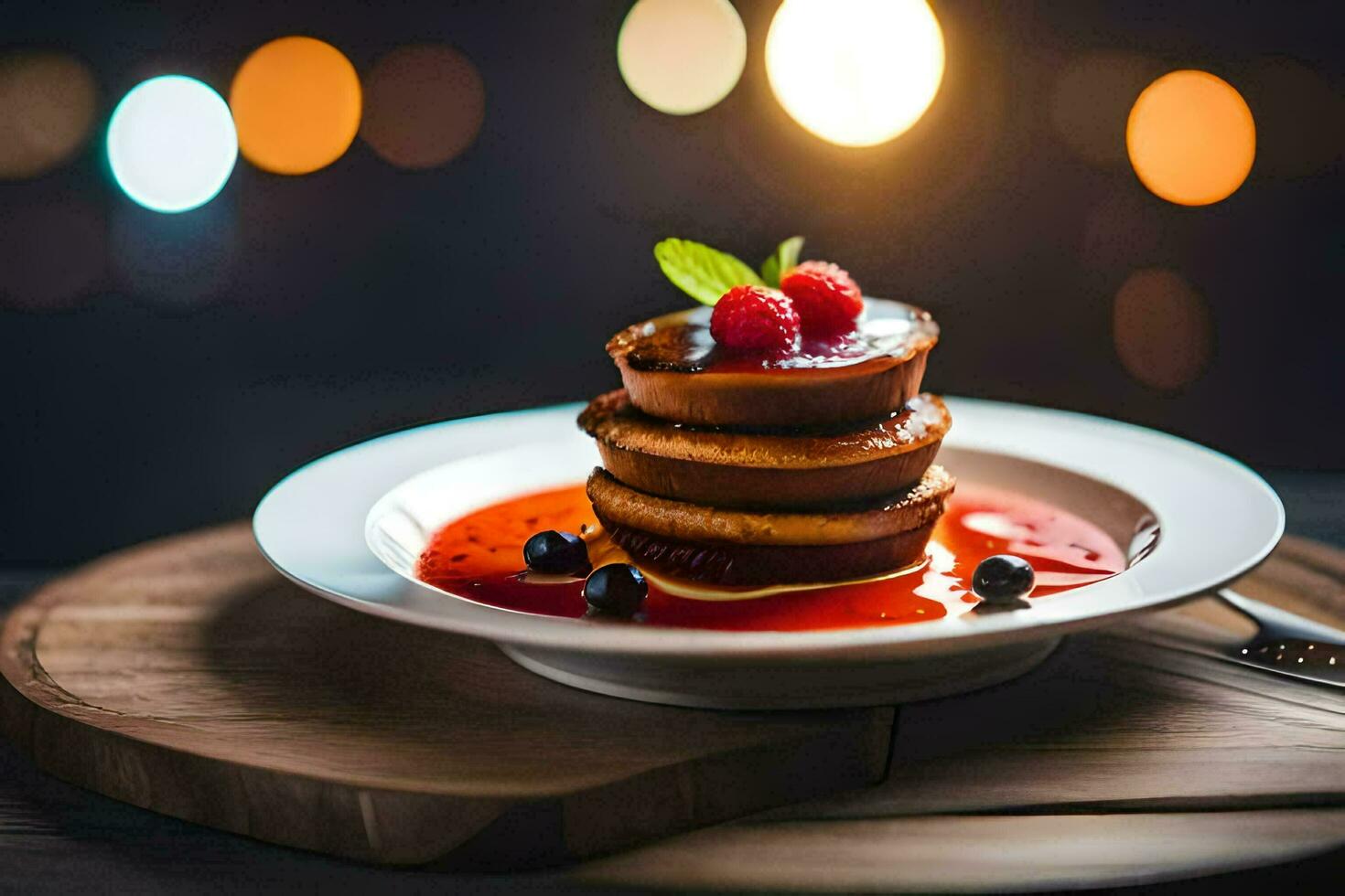 un apilar de panqueques en un plato con bayas. generado por ai foto