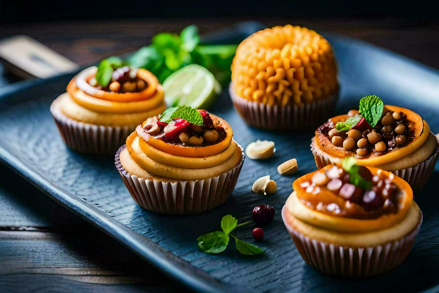 cupcakes with nuts and spices on a black plate. AI-Generated photo