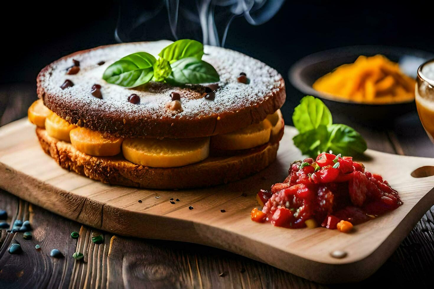 un pastel con Fruta y especias en un de madera corte tablero. generado por ai foto