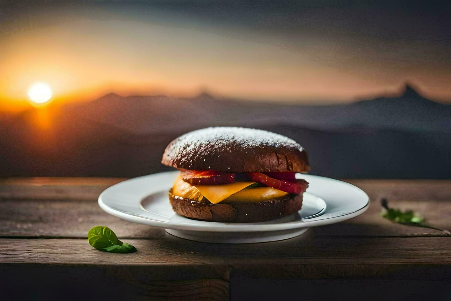 the burger is on a plate with a mountain in the background. AI-Generated photo