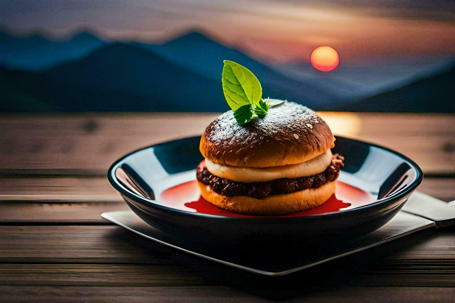 a burger on a plate with a mountain in the background. AI-Generated photo