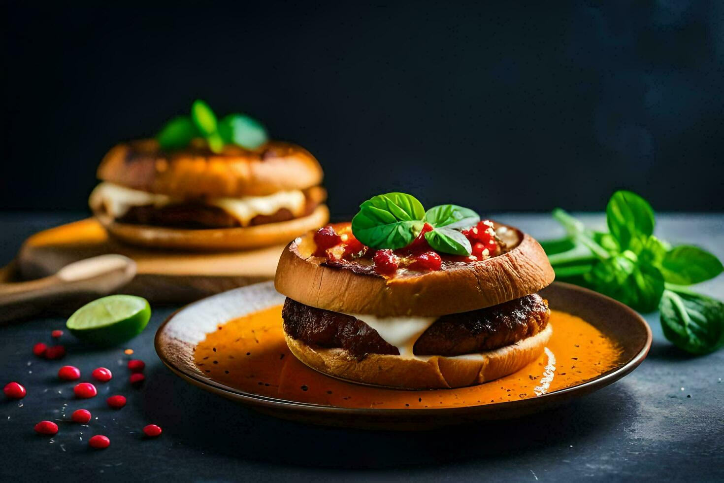 two burgers with cheese and pomegranate on a plate. AI-Generated photo
