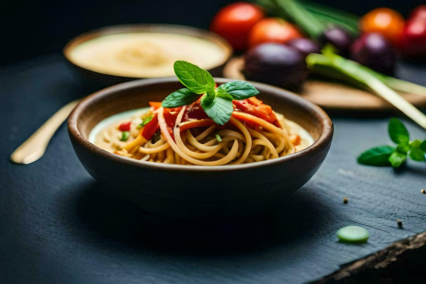 espaguetis con tomate salsa y vegetales en un bol. generado por ai foto