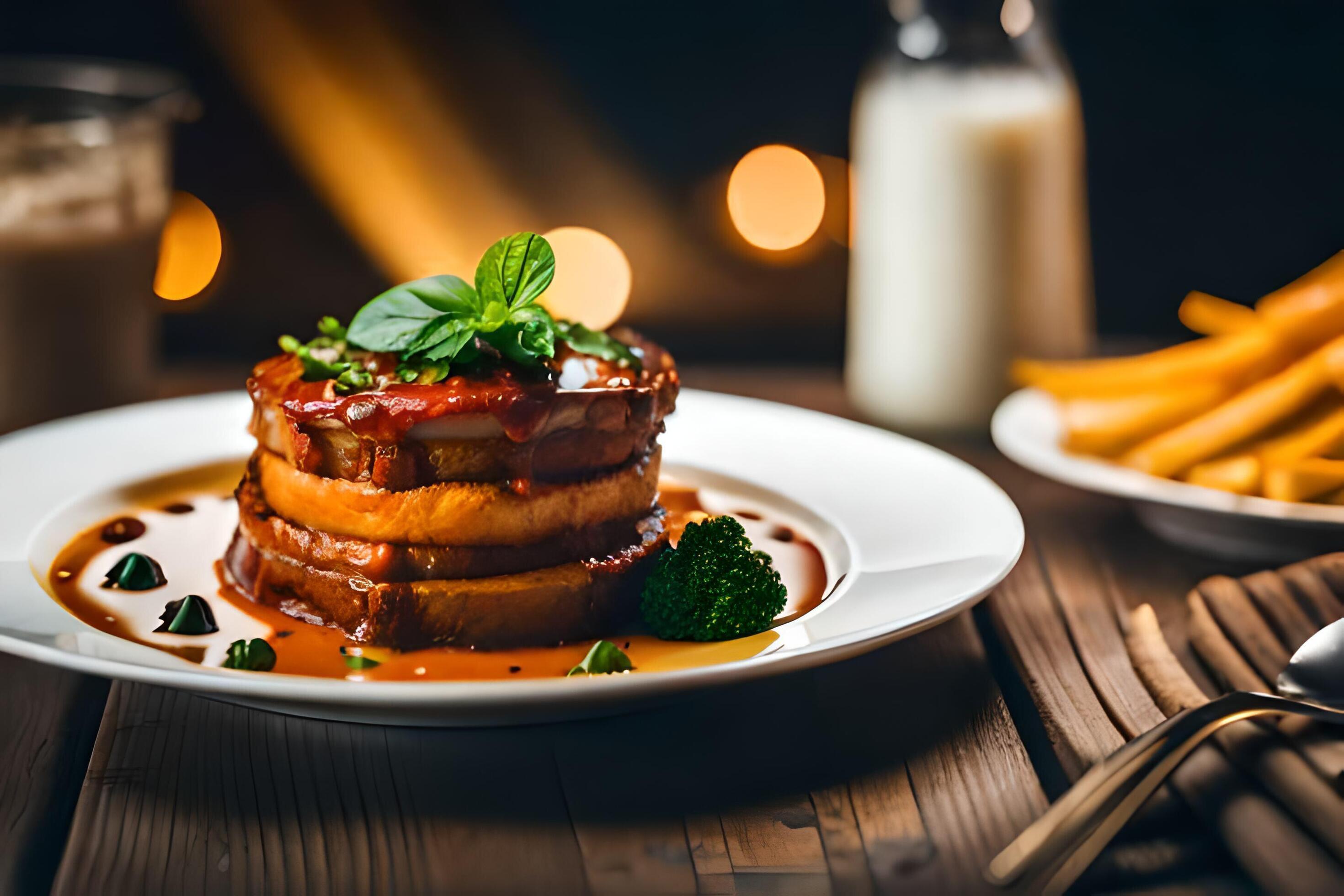 a plate of food with a stack of pancakes and french fries. AIGenerated