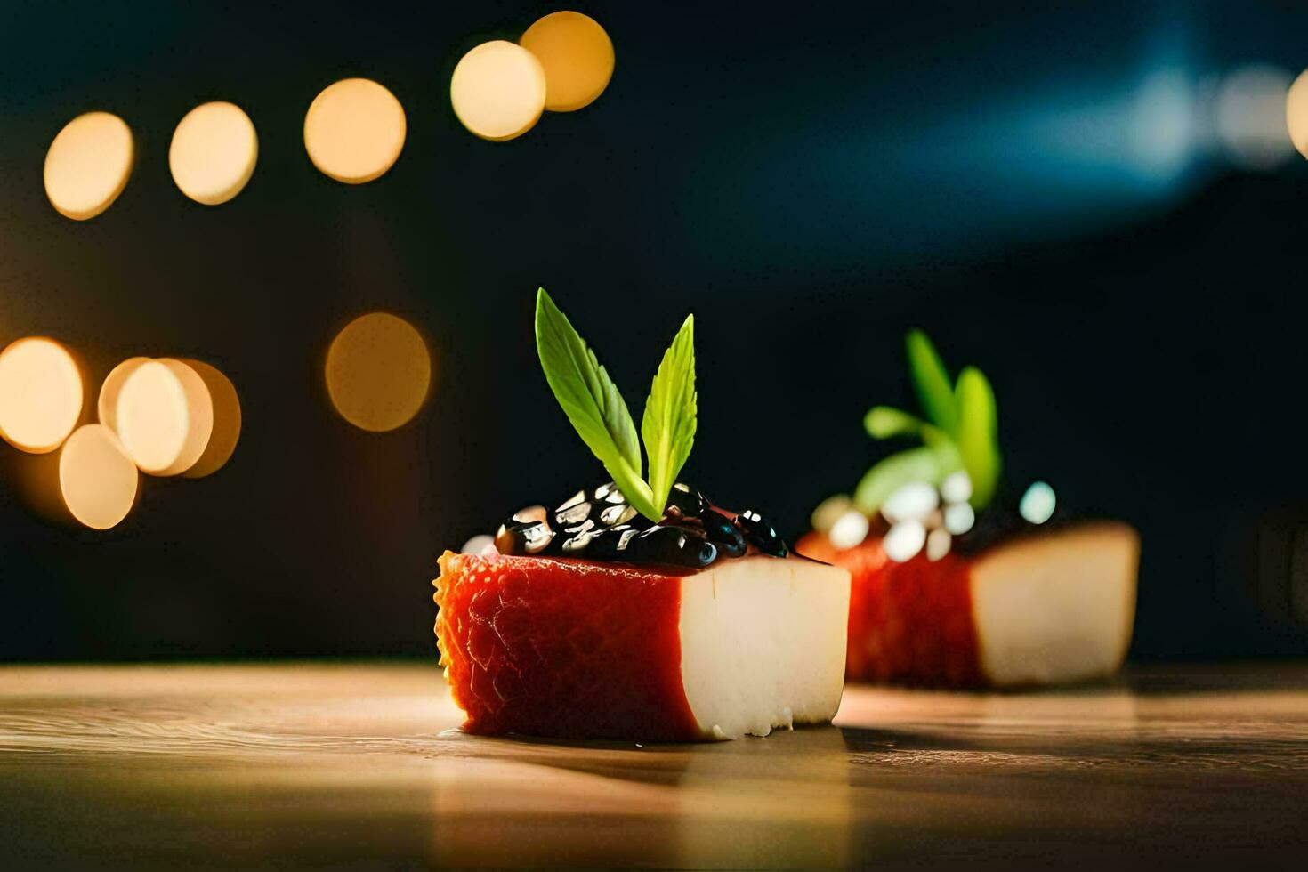 dos pequeño piezas de comida con caviar en cima. generado por ai foto