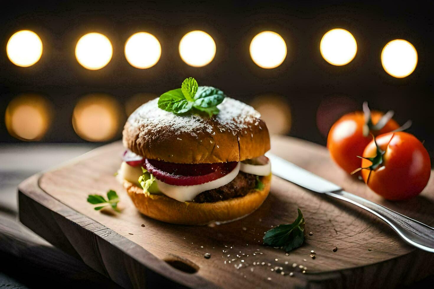 un hamburguesa con Tomates y queso en un de madera corte tablero. generado por ai foto