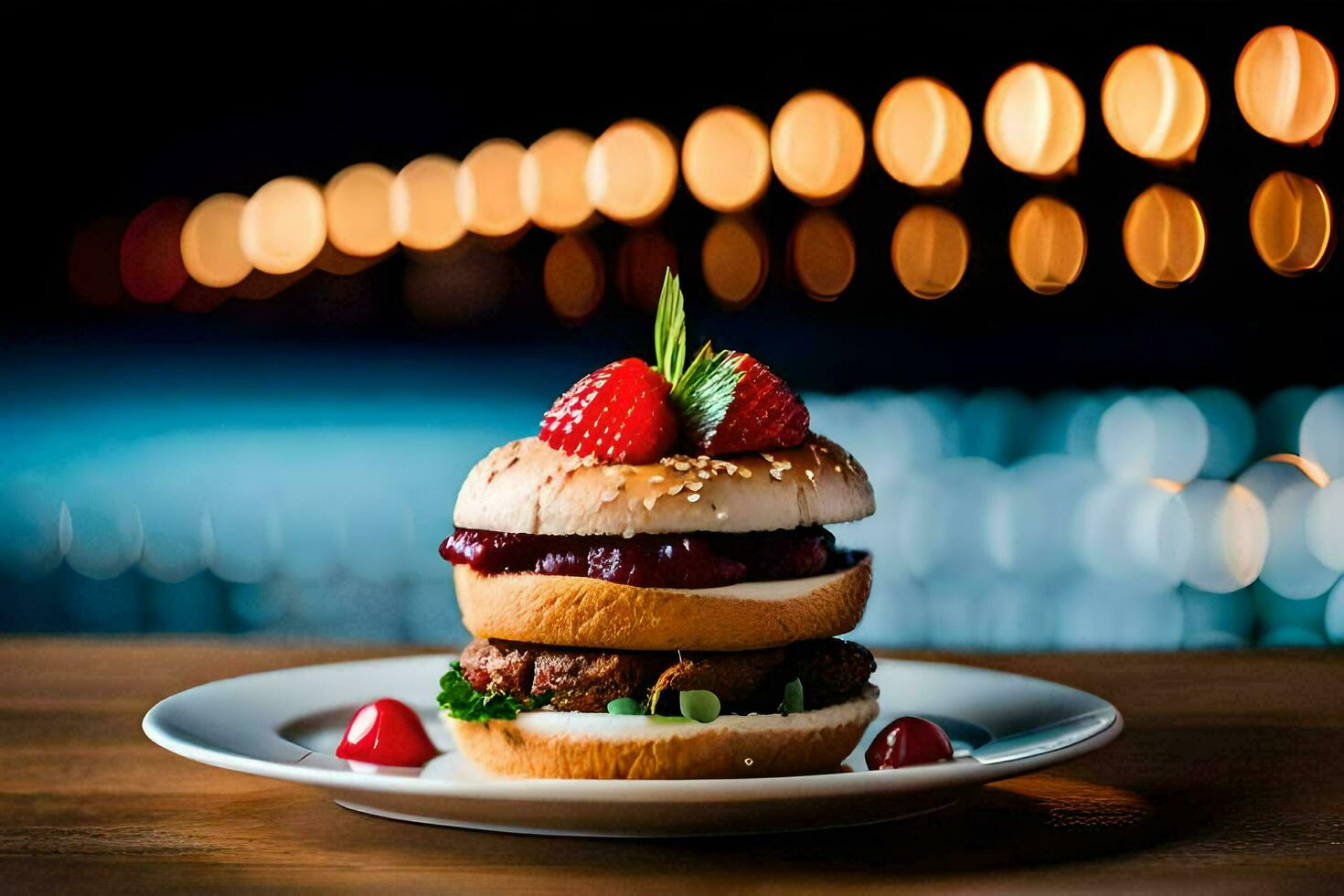 un hamburguesa con fresas y un Cereza en cima. generado por ai foto