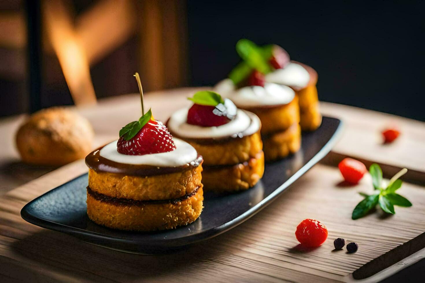 three mini cakes with cream and strawberries on a black plate. AI-Generated photo