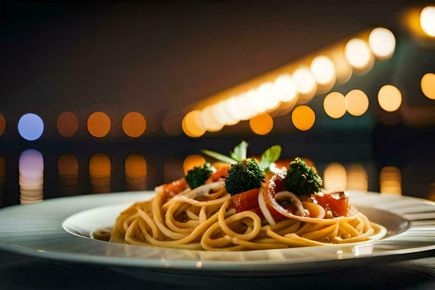 a plate of spaghetti with broccoli and tomatoes on a table. AI-Generated photo