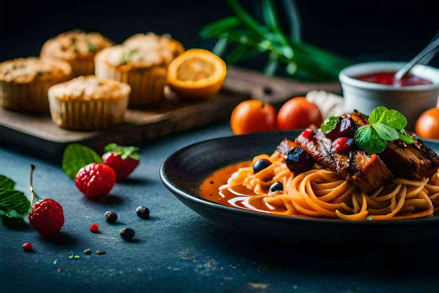 espaguetis con carne y vegetales en un oscuro mesa. generado por ai foto