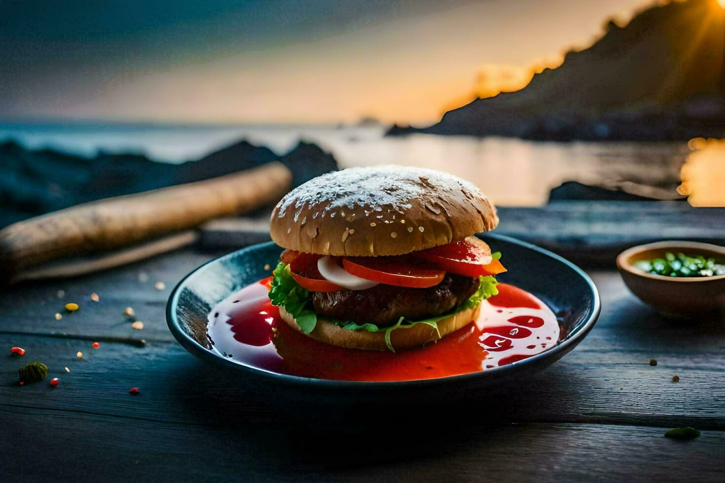 un hamburguesa en un plato con tomate salsa. generado por ai foto