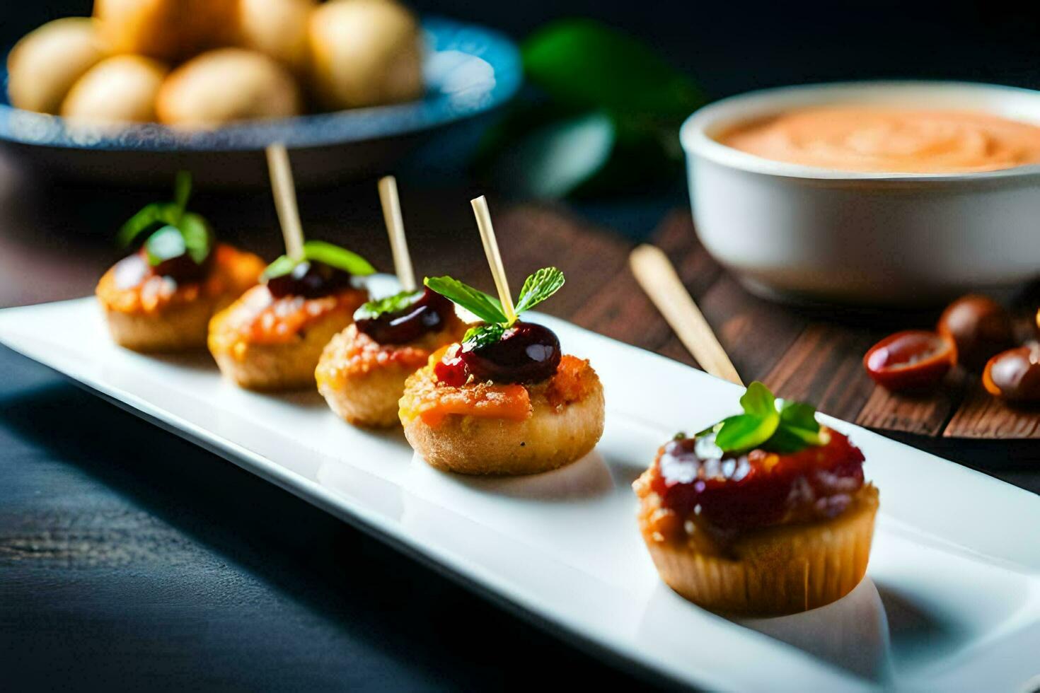 miniatura aperitivos en un plato con palillos de dientes generado por ai foto