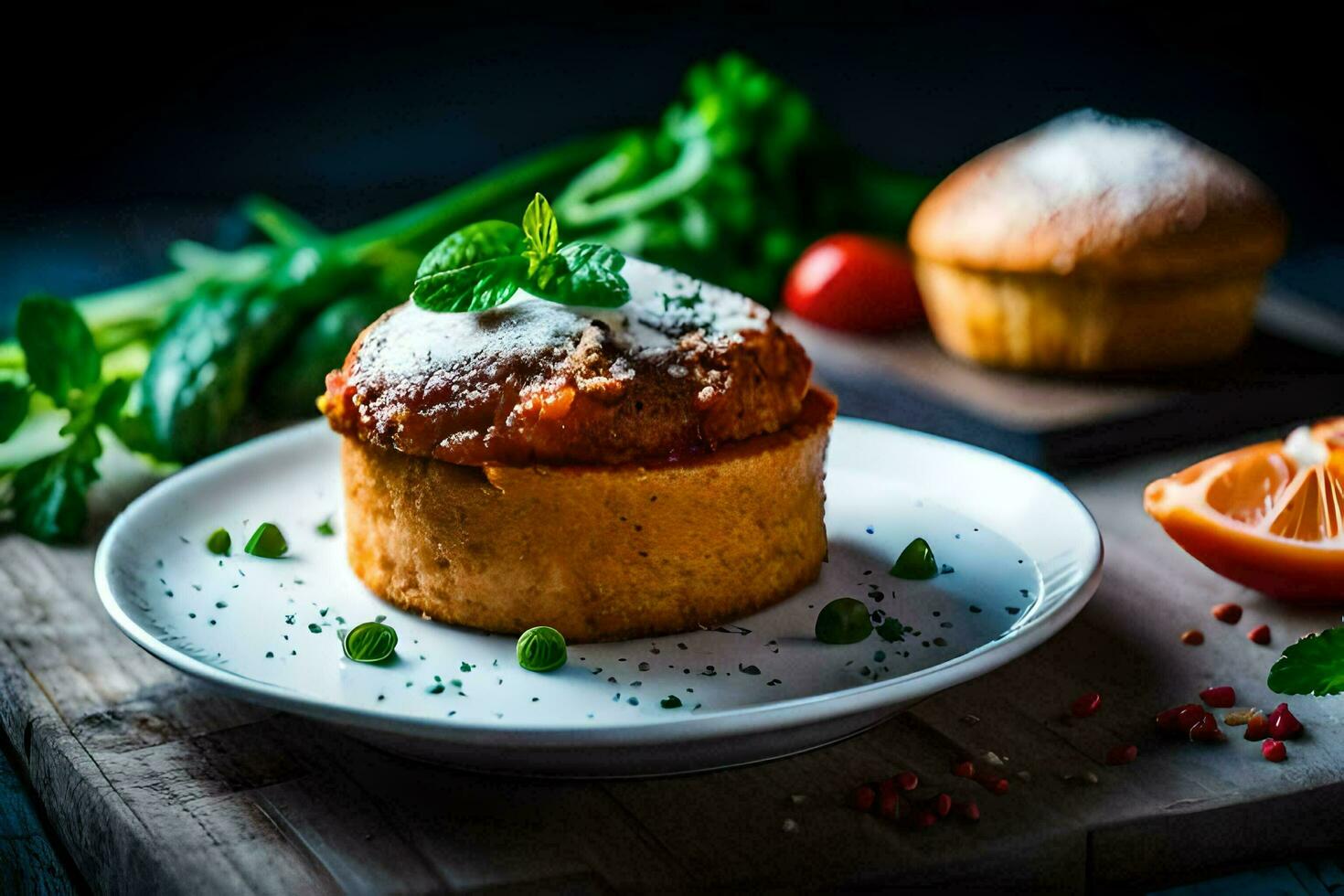 a muffin on a plate with vegetables. AI-Generated photo