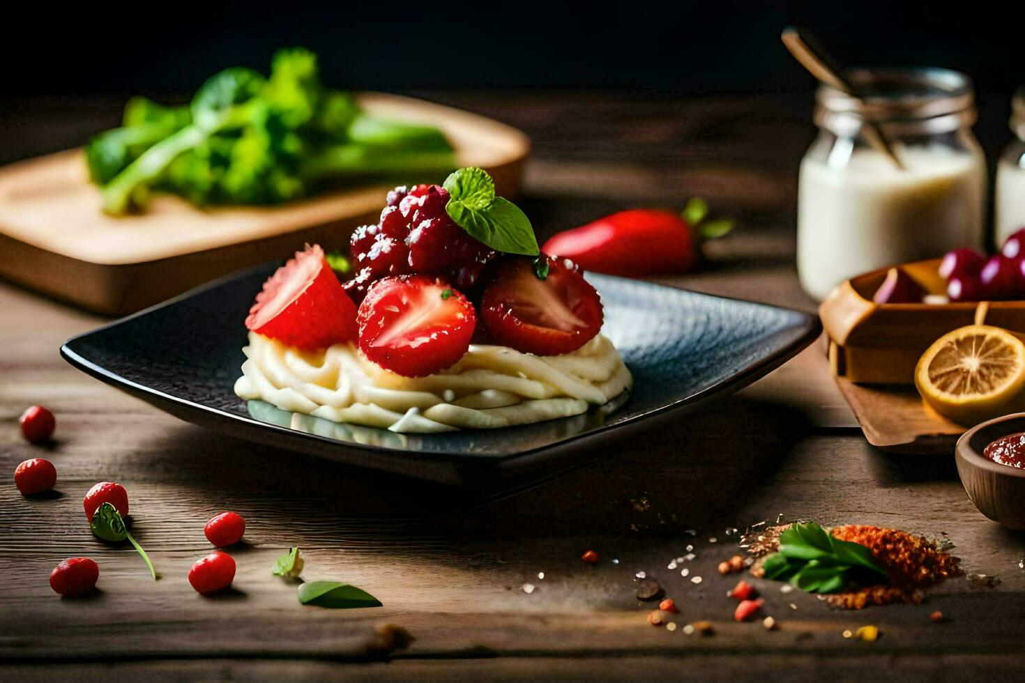 a plate of pasta with strawberries and other ingredients. AI-Generated photo