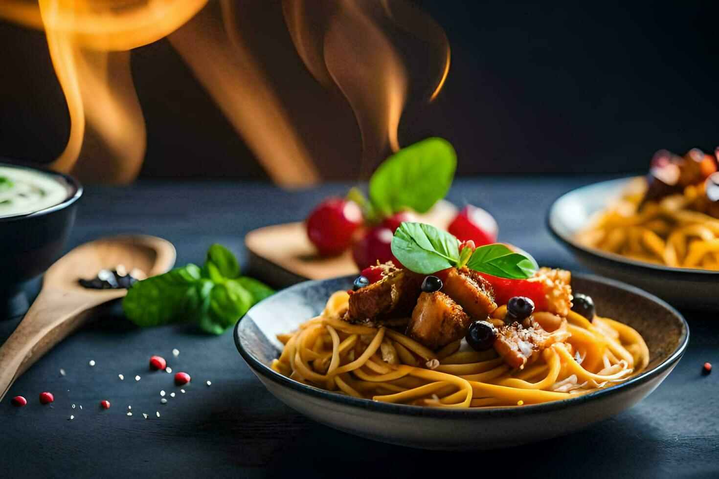 spaghetti with meat and vegetables in a bowl. AI-Generated photo