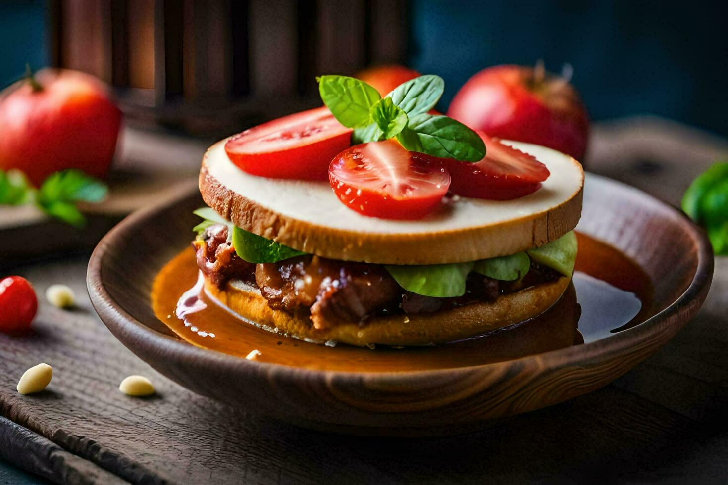 a sandwich with tomatoes and cheese on a wooden plate. AI-Generated photo