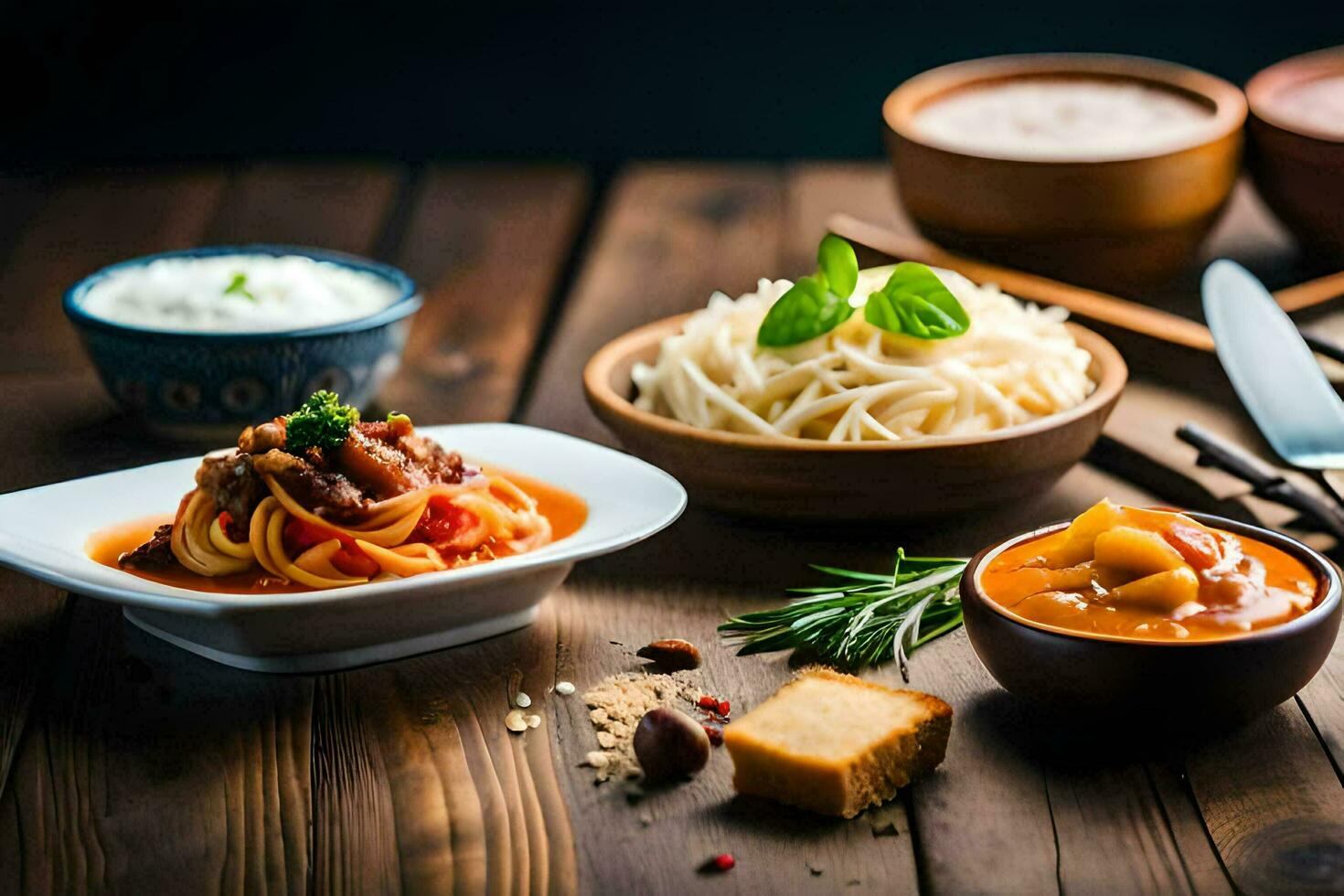 espaguetis, albóndigas, y otro platos son en un de madera mesa. generado por ai foto