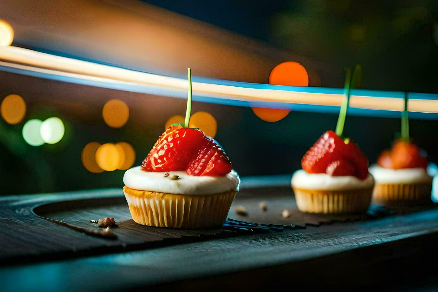 three cupcakes with strawberries on top. AI-Generated photo